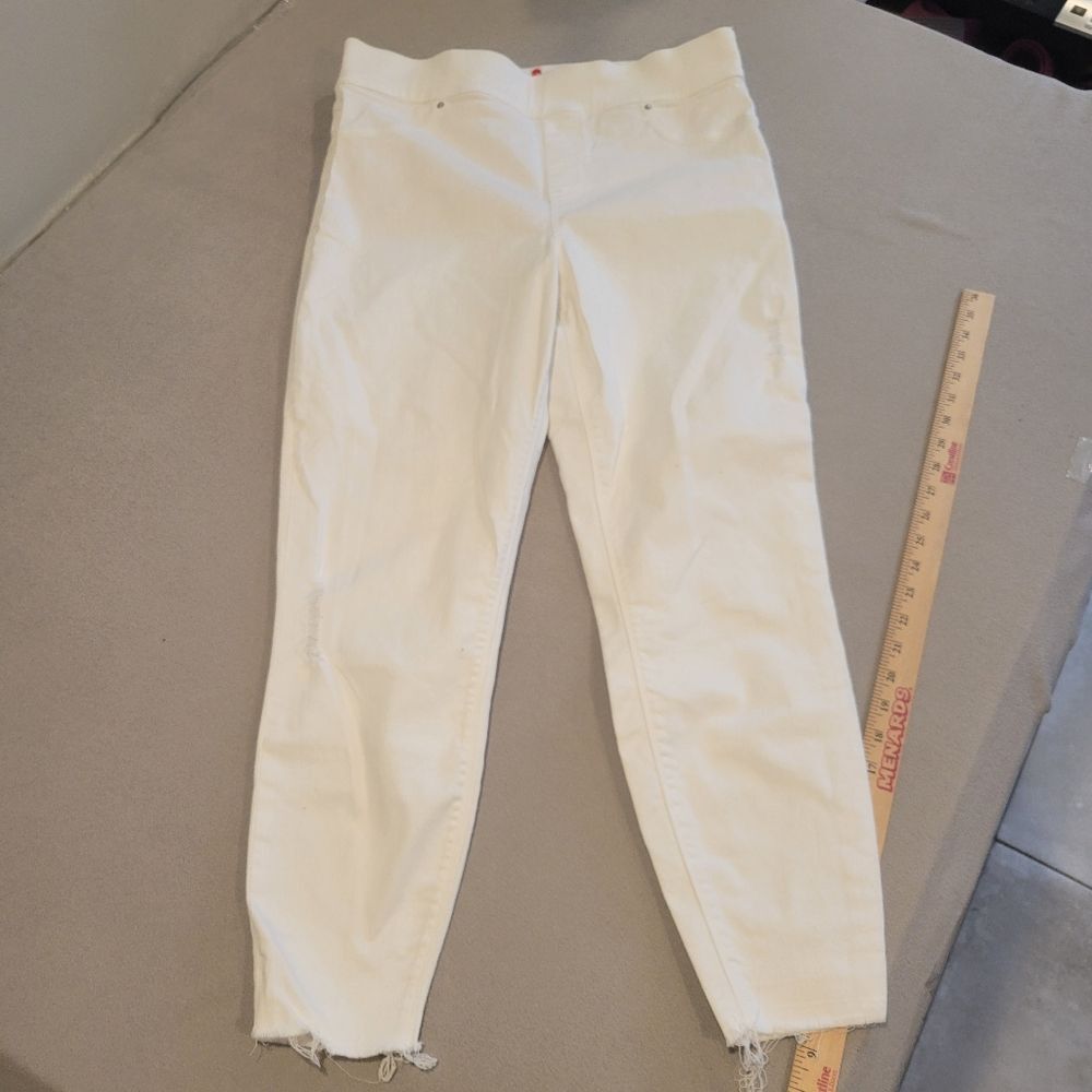 SPANX Pull On High Rise Distressed Ankle Jeans with Raw Cuffs White Size 1X